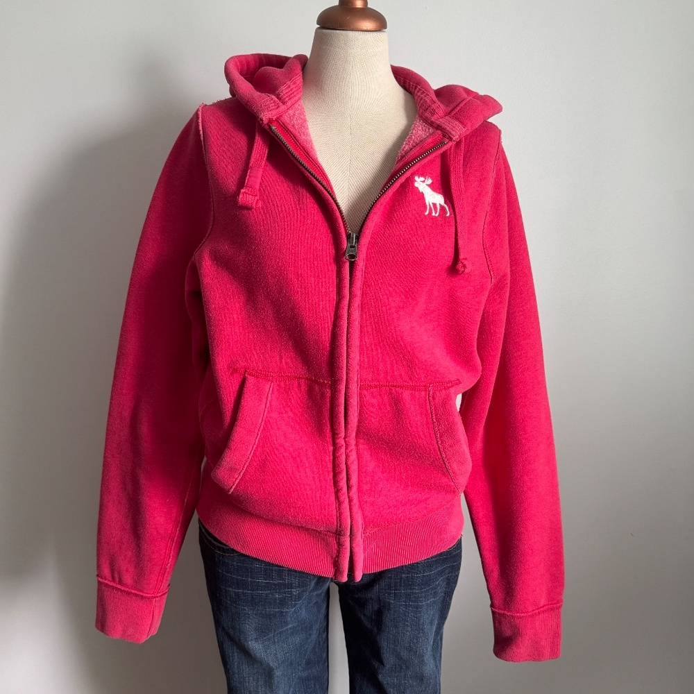 Abercrombie & Fitch Muscle Pink -Red  Zipped Hoodie with Embroidered White Deer
